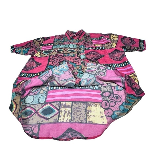 VTG STUNT COLLECTIONS Abstract Pattern Short Sleeve 100% Silk Shirt Women's L - Picture 9 of 16